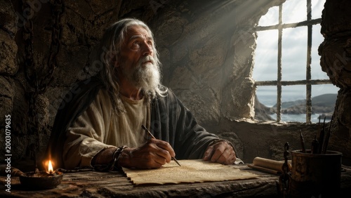 Apostle Paul writing in parchment scroll inspired by the Holy Spirit.