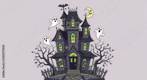 Haunted House Illustration with Spooky Ghosts and Creepy Trees.