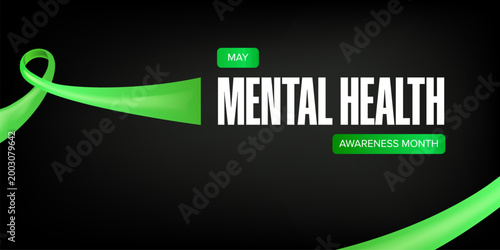 May is Mental Health Awareness Month banner with large green ribbon on black background. Modern Mental Health typography for psychological wellness, support advocacy, and healthcare marketing.