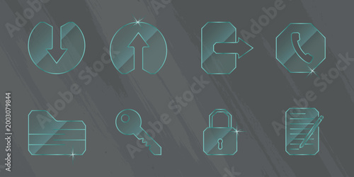Neon Glass UI Icons Set with Download Upload and Security Symbols