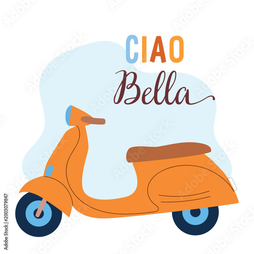 Photography Orange motor scooter with ciao bella text on a sunny background