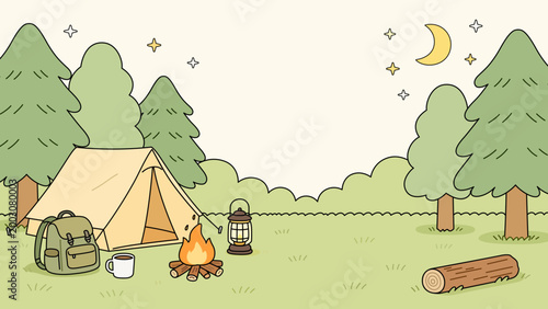 Kawaii camping scene illustration with tent and campfire in forest