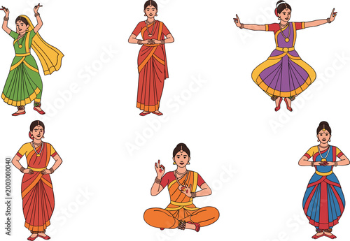 Indian classical dancers set women performing traditional dance poses in colorful costumes cultural heritage vector illustration collection