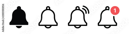 Set of notification bell vector icons in flat and linear style for user interface design and mobile application.