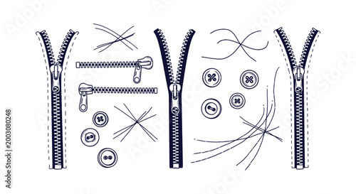 Foto Hand Drawn Sewing Elements Zippers Buttons and Thread Stitches Collection for Fashion Design Graphics