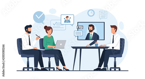 Diverse team collaborates during a virtual business meeting.