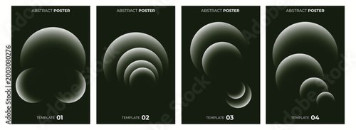 Set of abstract posters with glowing green circular shapes on dark background