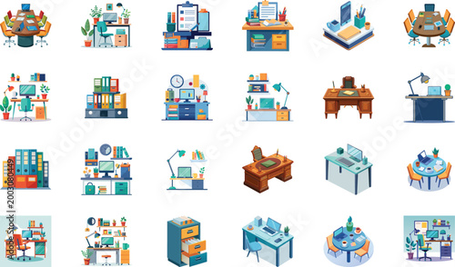 Corporate meeting room and executive office furniture layouts for professional business.