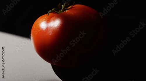 Close-up of ripe tomato with dramatic shadow and soft lighting