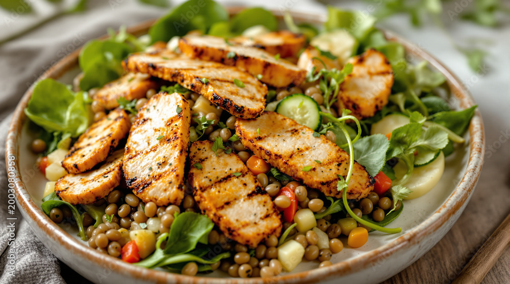 Fototapeta premium Flexitarian Lentil Salad with Grilled Chicken Strips