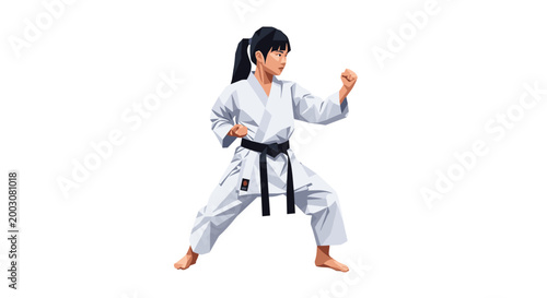 A young Japanese girl in a white karate uniform and black belt assumes a strong defensive stance, isolated on a white background.