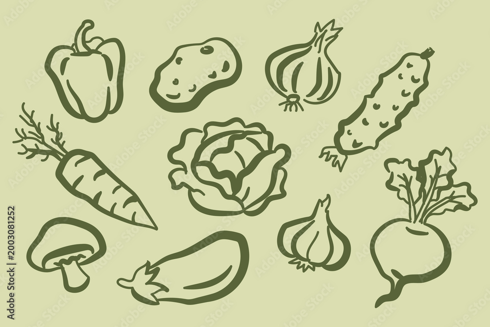 Fototapeta premium Vegetable set naive green sketch pattern vector