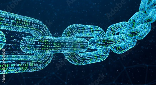 Blockchain technology concept with digital chains and floating binary code data blockchain technology security