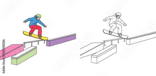 Snowboarder jumping and performing rail slide tricks vector illustration set. Colored and black and white line art outline versions for extreme winter sports and outdoor hobby design.