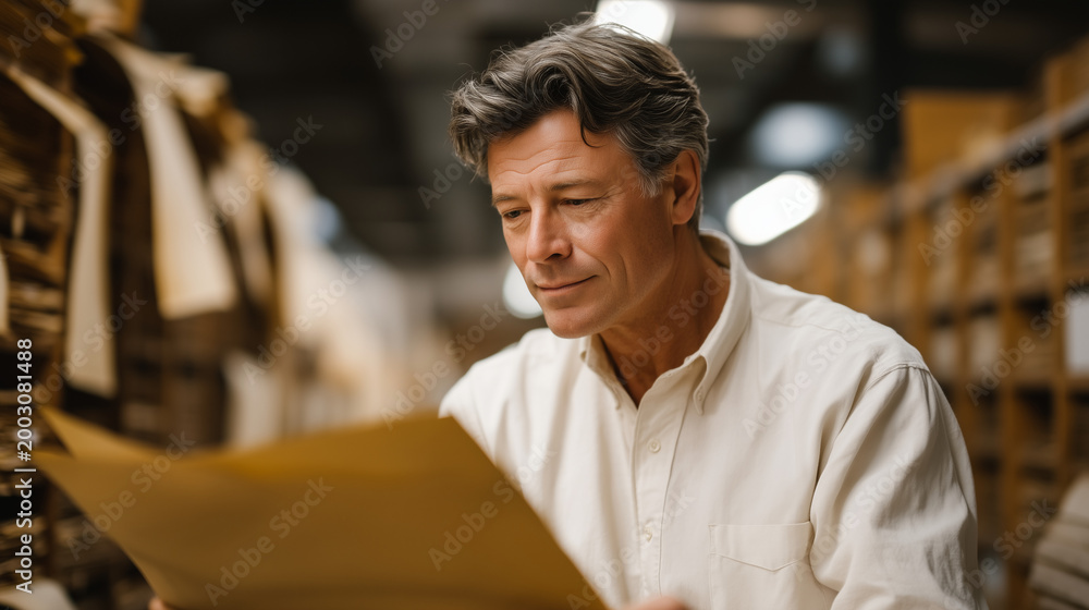 Obraz premium Longitudinal epigenetics cohort study researcher reviewing decades of participant methylation data in university archive room, single academic surrounded by filing cabinets and printed longitudinal 