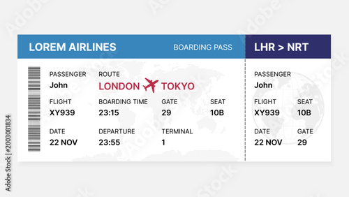 Airline Boarding Pass Ticket Template with Flight Information Layout, Travel Route Details and Passenger Data Vector Illustration