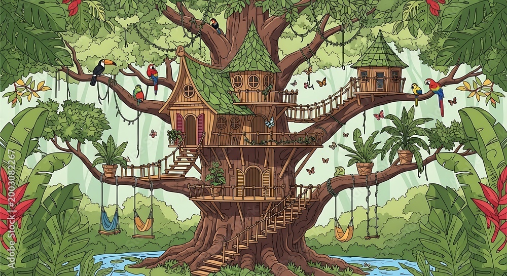Obraz premium Whimsical treehouse in lush tropical forest.