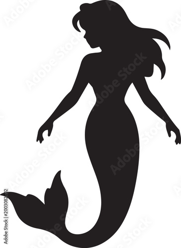 A captivating silhouette of a mermaid, a figure of mythical allure, with long flowing hair, embodies grace and mystery in its simple form.