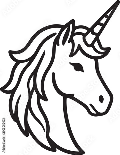 A majestic unicorn, with flowing mane and a spiraled horn, rendered in a striking outline.
