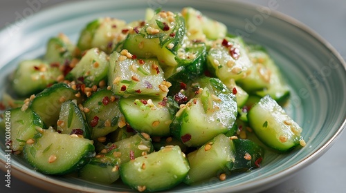 Fresh cucumber salad with sesame seeds and chili flakes on ceramic plate