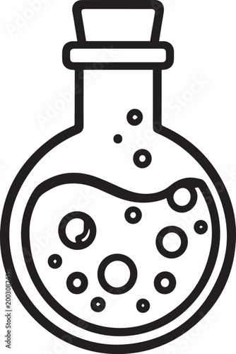 A captivating illustration of a round glass bottle, a vessel of intrigue, filled with a bubbling potion, the cork sealing in its hidden essence. 