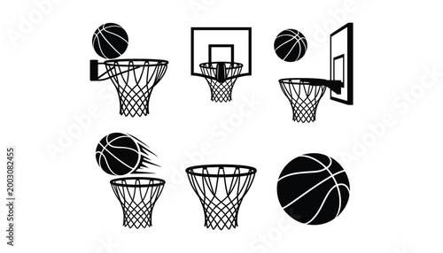 Black and white of basketballs and basketball hoops basketball net basketball backboard sports equipment vector illustration isolated on white background