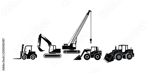 Black and white of construction vehicles heavy machinery excavator crane vector illustration isolated on white background