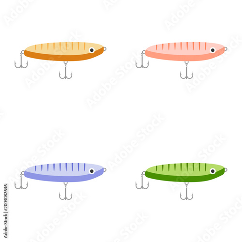 set of fishing lures and artificial baits flat design illustration isolated on white background. colorful realistic bait fish and treble hooks illustration. fishery equipment collection