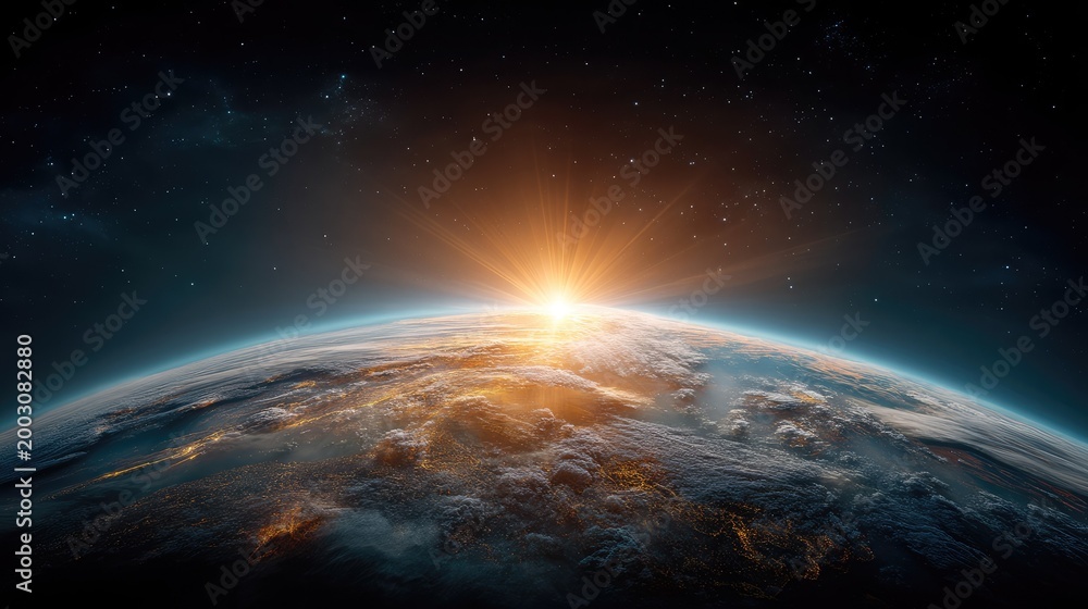 Fototapeta premium Stunning View of Earth at Sunrise Surrounded by Stars with Vibrant Colors and Atmospheric Effects Capturing the Beauty of Our Planet in Space