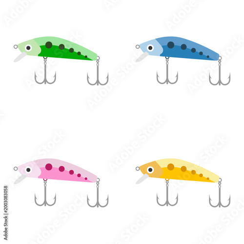 set of fishing lures and artificial baits flat design illustration isolated on white background. colorful realistic bait fish and treble hooks illustration. fishery equipment collection