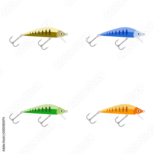 set of fishing lures and artificial baits flat design illustration isolated on white background. colorful realistic bait fish and treble hooks illustration. fishery equipment collection