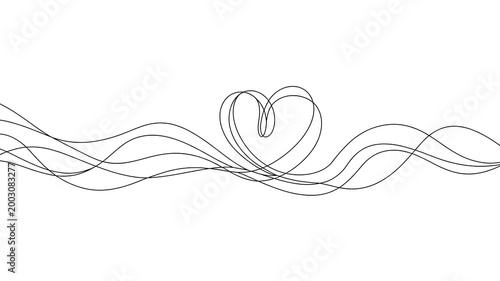 Set of continuous wavy line drawings with loops and a heart shape on a transparent background 