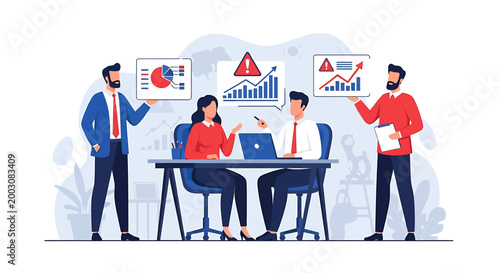 Team analyzing financial data and charts in a meeting.
