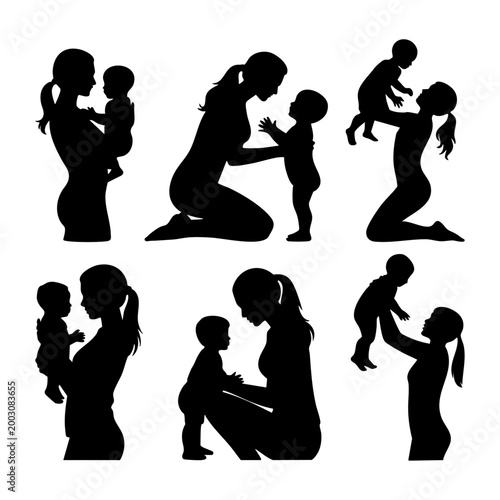 mother and baby silhouette collection vector set, loving mom and child bonding moments illustration, motherhood parenting silhouettes minimal design set, family care and love concept mother with kids 