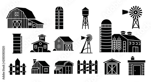 Farm building icons set with barns and windmills