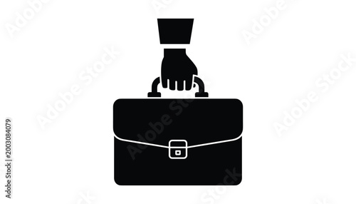 Black briefcase with hand holding handle vector illustration isolated on white background.