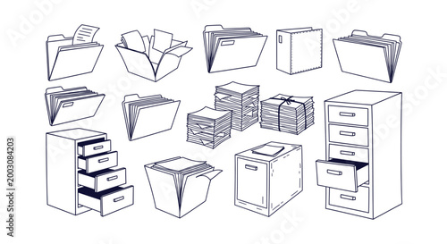 Quadro su tela Hand drawn office file folders and cabinets line art set for document organization and storage