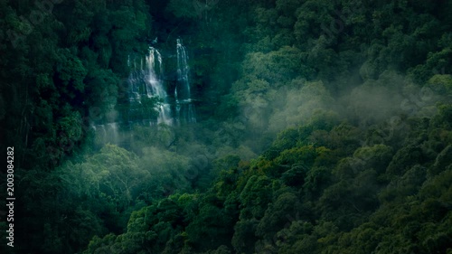 Misty waterfall hidden in dense rainforest canopy of Meghalaya India