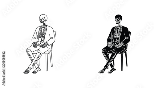 Human skeleton sitting on chair in suit vector illustration set in outline and solid styles