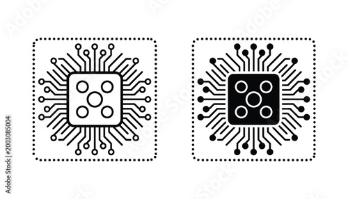 Computer microchip processor icon vector set with circuit board lines for technology and hardware related graphic design