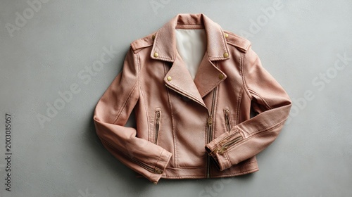 Stylish pink leather jacket with gold hardware displayed on a neutral background showcasing modern fashion and trendy outerwear for women's wardrobe