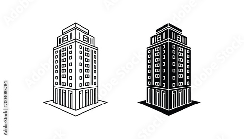 Modern office building isometric vector illustration set featuring architectural structure in clean outline and solid black minimalist design styles