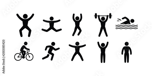 Black stick figures exercising running cycling swimming lifting weights exercise fitness sports