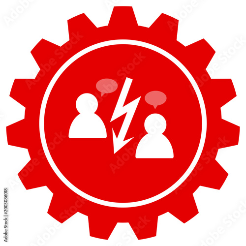 Icon representing communication breakdown and conflict management in technical settings illustrated with a gear cog, speech bubbles, and a lightning bolt symbol as a vector