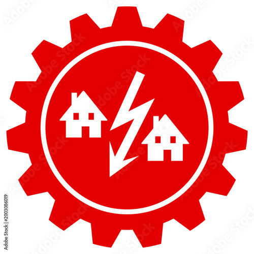 Red gear icon representing electricity distribution for residential power supply with houses and a lightning bolt symbol, graphic vector illustration on black background