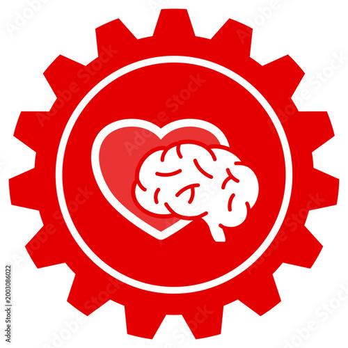 Abstract red gear icon with a white heart and brain symbol representing mental health, emotional intelligence, cognitive balance, and psychological wellbeing concept