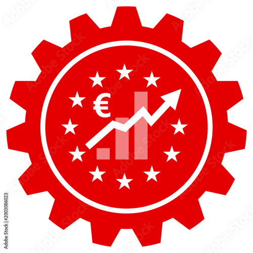 Red gear icon with Euro symbol and financial growth bar chart isolated on black background for business management, economic development, and corporate finance concepts