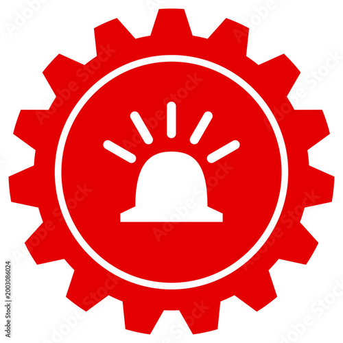 Red cogwheel icon with a white siren or emergency light symbol, isolated on a black background, representing system alerts, technical maintenance and industrial security
