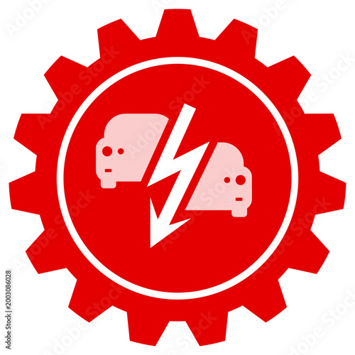 Electric vehicle maintenance icon featuring a lightning bolt and car silhouettes inside a red gear wheel cog, conceptual design for EV repair service and technology settings
