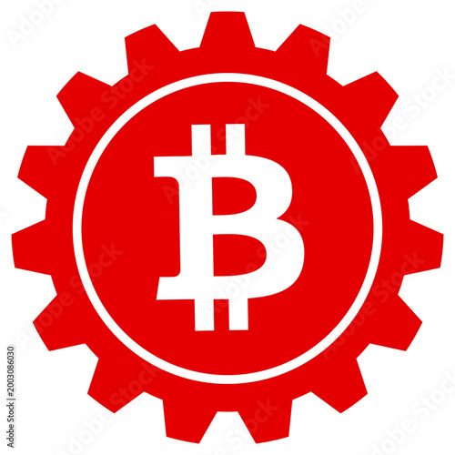 Bitcoin gear icon, isolated white symbol on red cogwheel background, cryptocurrency industry engineering concept, blockchain technology maintenance, digital finance technical sign